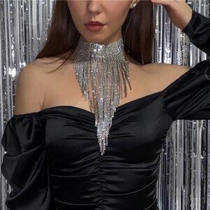 Rhinestone Statement Necklace for Women, Tassel Bib Choker Collar